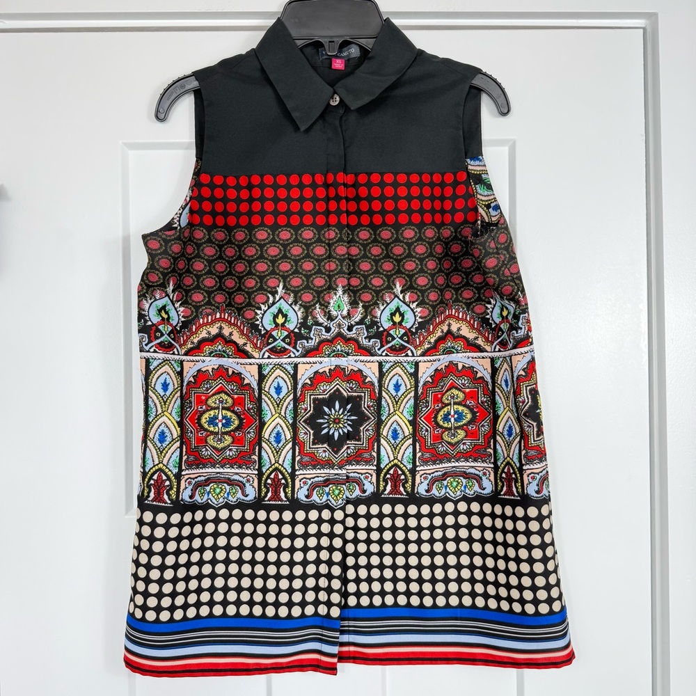 Vince Camuto Button Down Sleeveless Colorful Mosaic Print Blouse Women’s XS